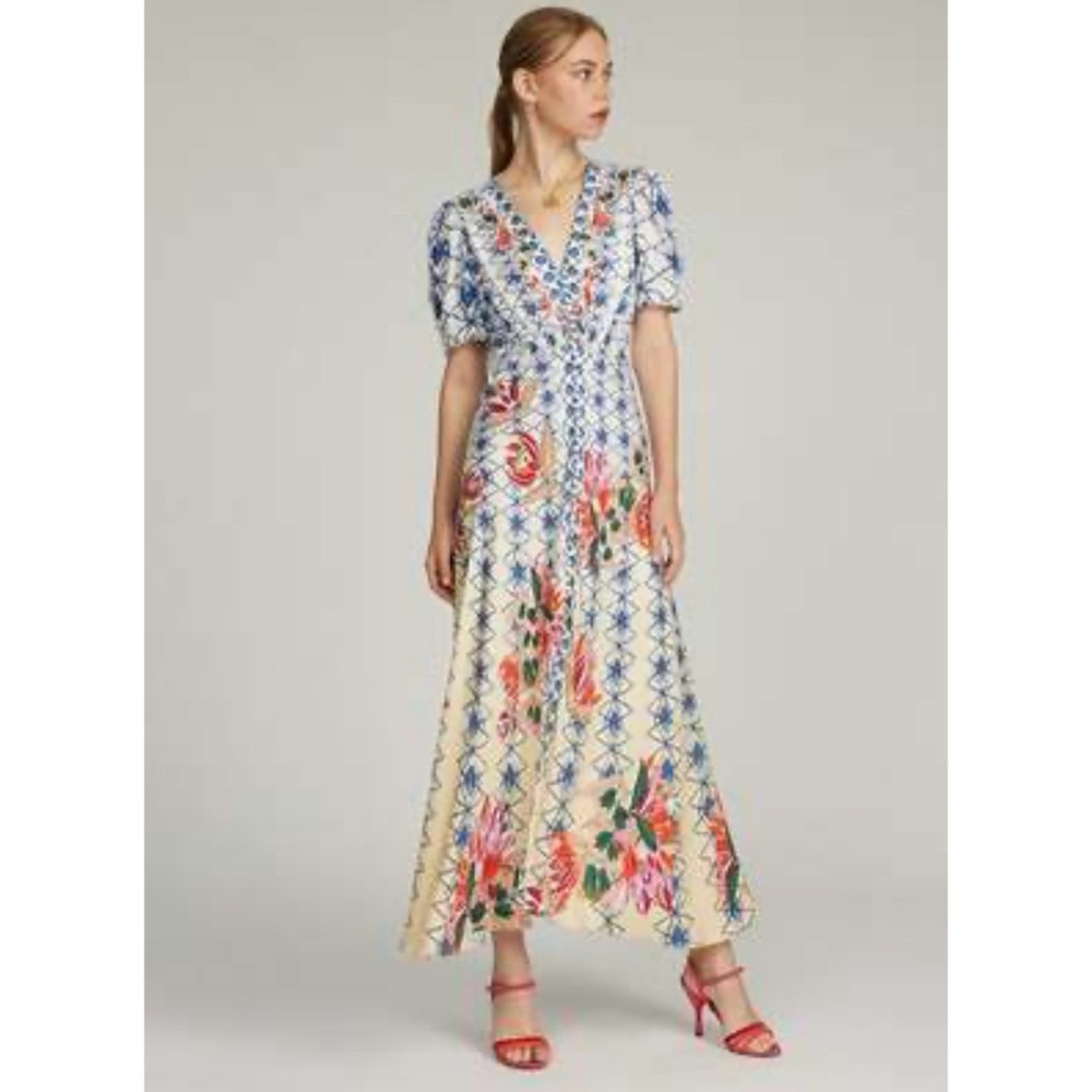 SOLANI Lea Long Dress In Opal Trellis Print 100% Silk Size 6 worn once